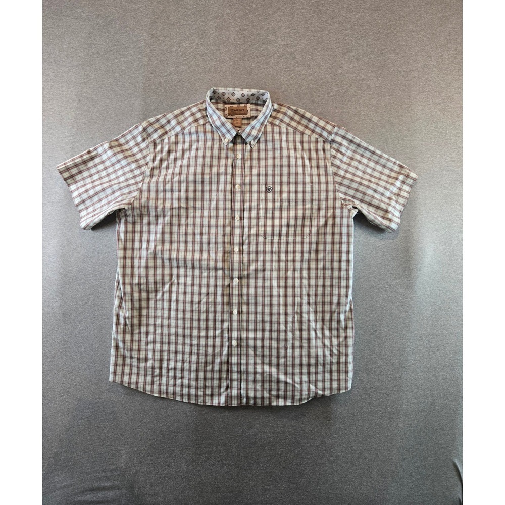 Ariat Elton Plaid Button Down Shirt Mens XXL Tan Short Sleeve Wrinkle-Free